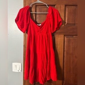 Altar'd State Red Pleated Puff Sleeve Sundress